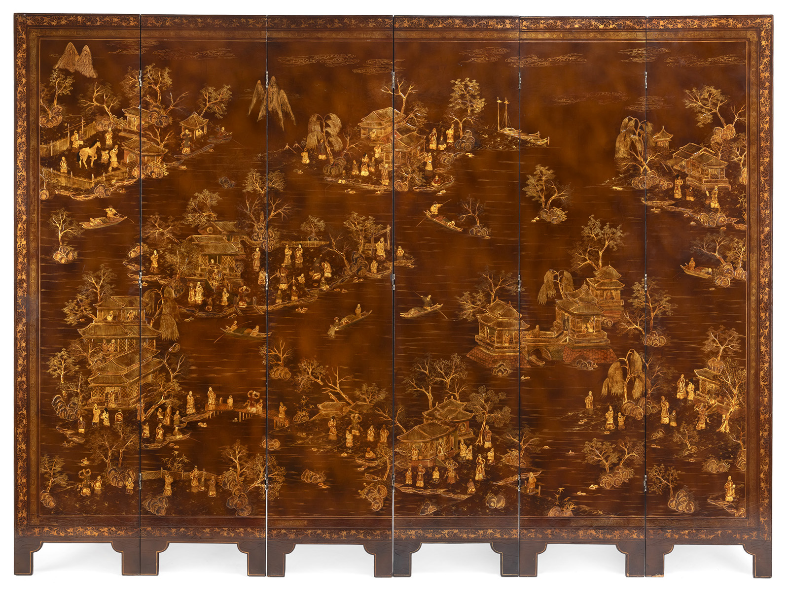 A SIX-PART GILT-LACQUERED FIGURAL SCENES IN A RIVER LANDSCAPE FOLDING SCREEN