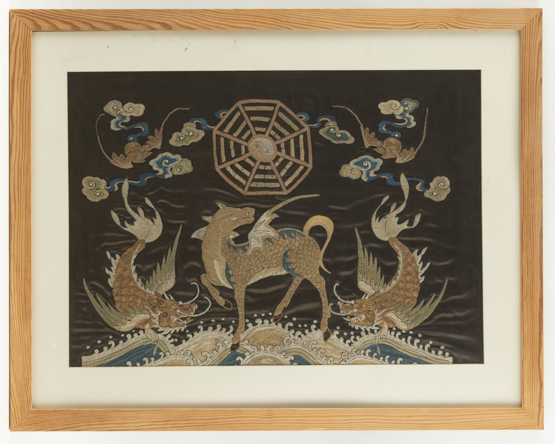 A BROWN-GROUND SILK EMBROIDERY WITH DAOIST MOTIF AND MYTHICAL ANIMALS AND A KESI EMBROIDERY DEPICTI - Image 2 of 3