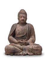 Statue des Buddha Shakyamuni aus Holz mit polychromer Fassung