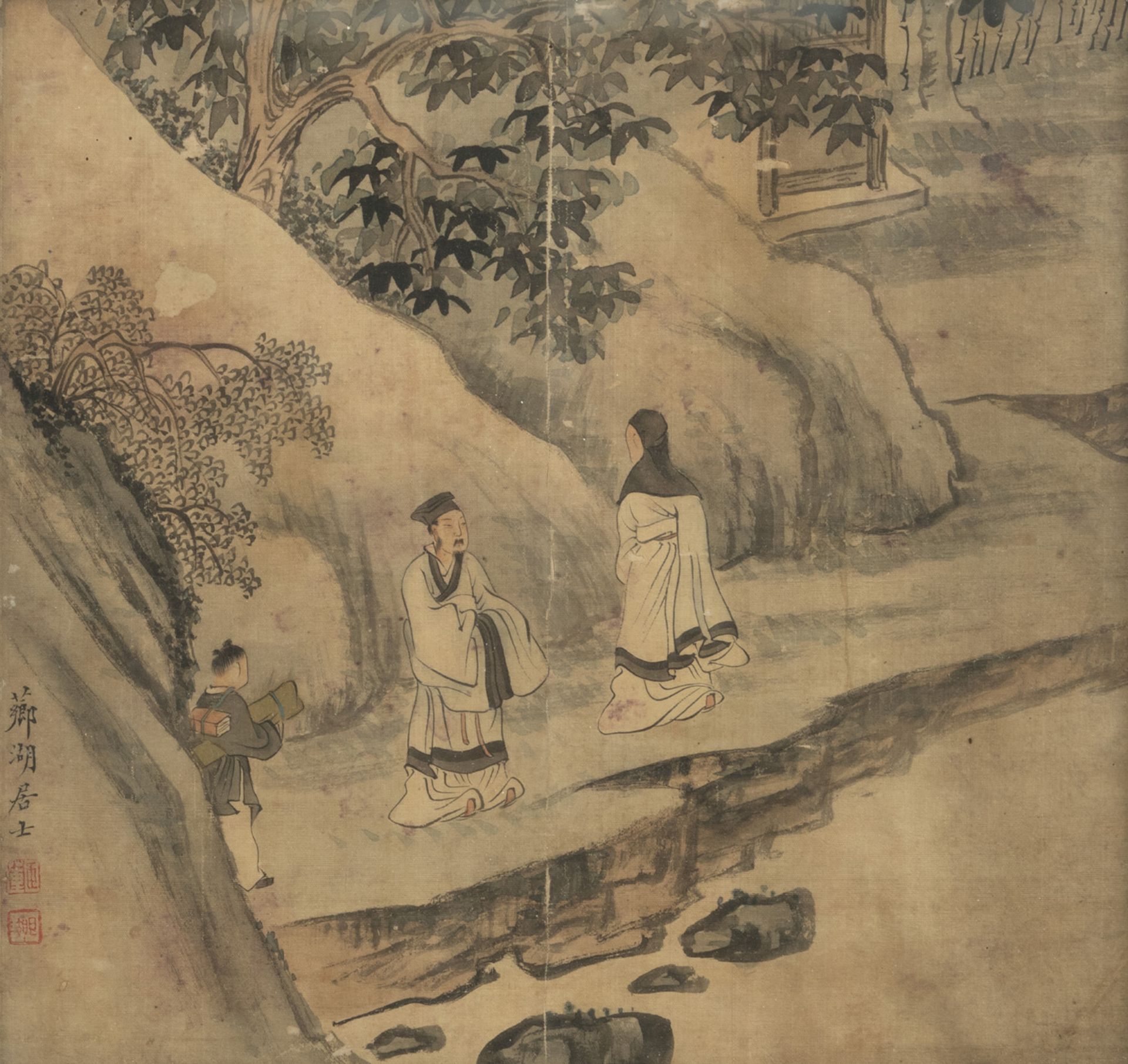 A PAINTING ON SILK DEPICTING TWO SCHOLARS' MEETING AND A SERVANT, MOUNTED AS AN ALBUM LEAF