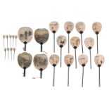 LOT OF ROUND FANS AND SMALL FAN-SHAPED HAIRPINS, PARTLY WITH EMBROIDERED SILK