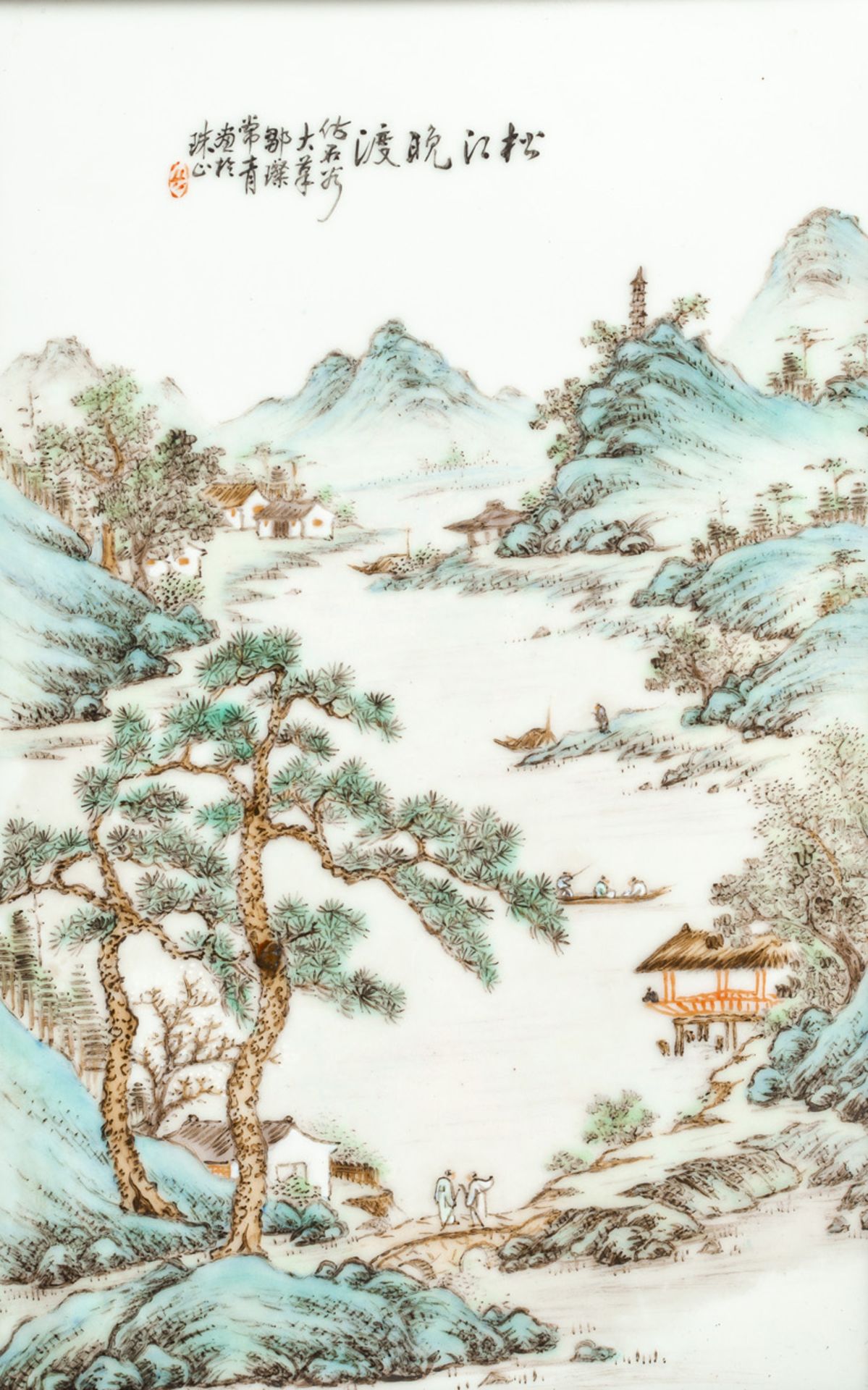A PAIR OF SMALL PORCELAIN TILES PATINTED WITH FINE POLYCHROME LANDSCAPE DEPICTIONS - Image 3 of 5