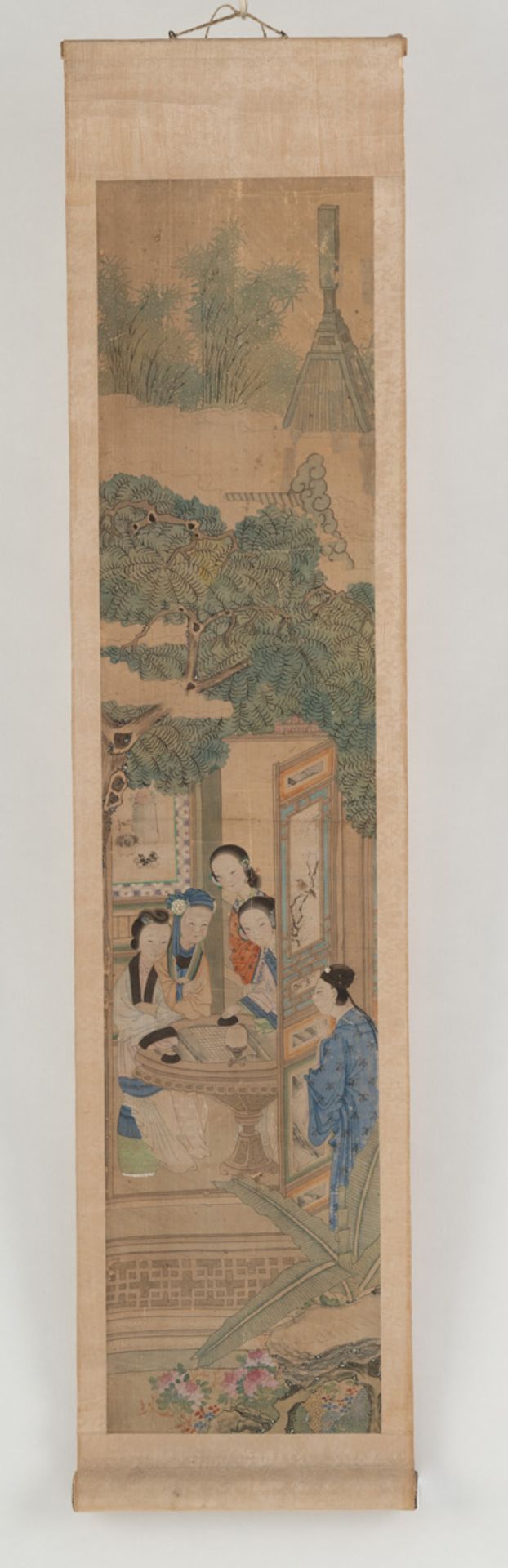 A PAIR OF HANGING SCROLLS WITH NOVEL SCENES AND A HANGING SCROLL DEPICTING THE MEETING OF FIVE SCHO - Image 4 of 5