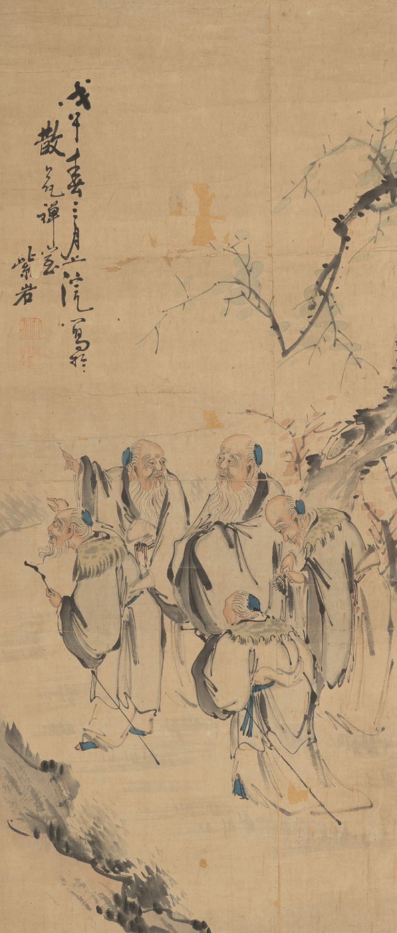A PAIR OF HANGING SCROLLS WITH NOVEL SCENES AND A HANGING SCROLL DEPICTING THE MEETING OF FIVE SCHO