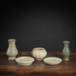 A QINGBAI BOX AND COVER AND A VASE, A CIZHOU JAR AND A LONQUAN CELADON VASE