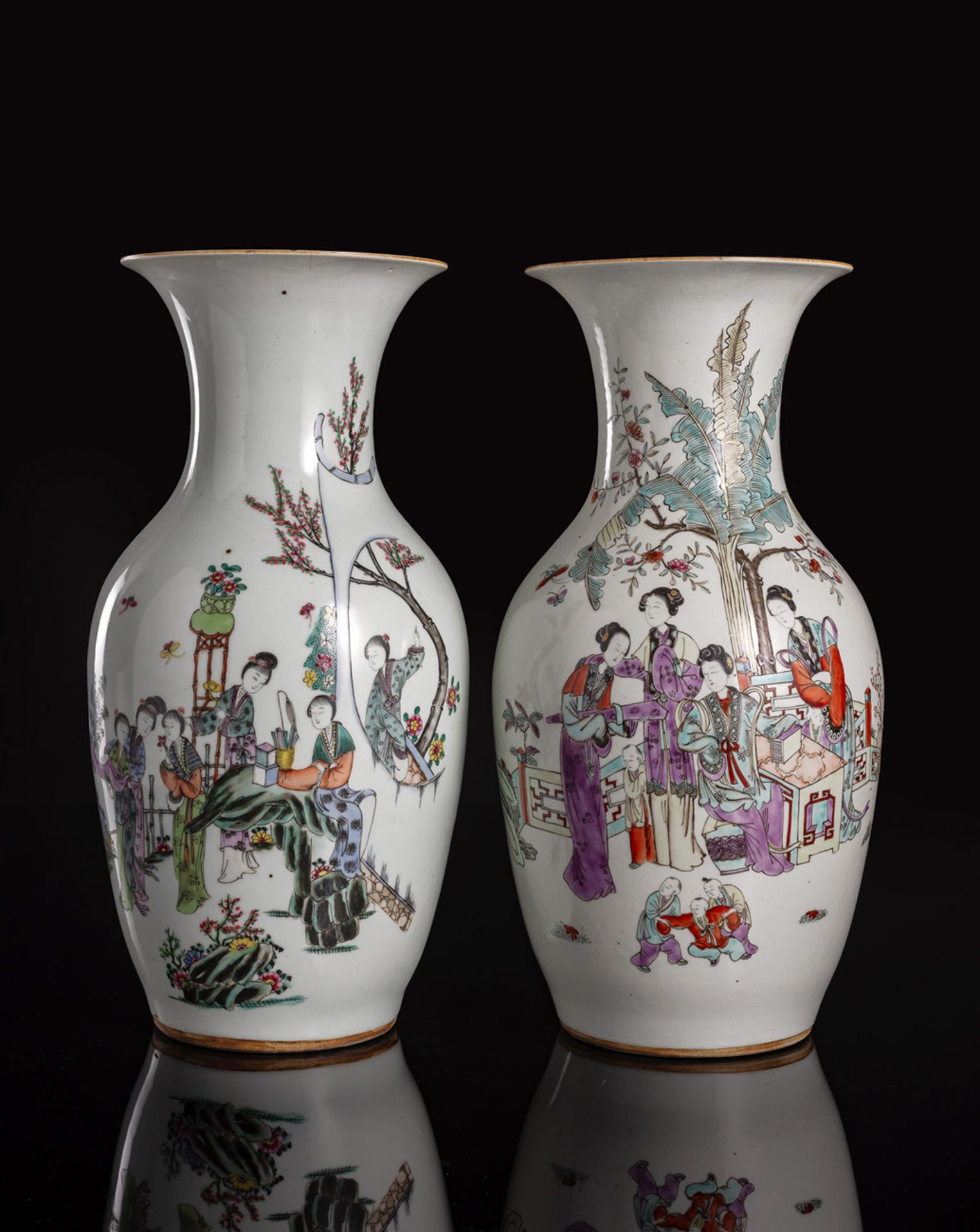 TWO QIANJIANGCAI PORCELAIN BALUSTER VASES DEPICTING LADIES ON A TERRACE AND POEMS