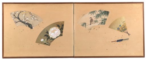 Zweiteiliger Japan (Byôbu) mit vier Malereien in Fächerformat