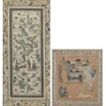 TWO EMBROIDERED SILK PANELS WITH LANDSCAPE AND FIGURES