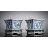 A PAIR OF SQUARE BLUE AND WHITE 'FLOWERS AND BIRDS' PORCELAIN JARDINIÈRES