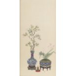 A NEW YEAR'S PAINTING ON SILK DEPICTING FLOWERS IN CLOISONNÉ VASES AND GOLD BARS