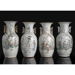 A GROUP OF FOUR PORCELAIN BALUSTER VASES, PAINTED IN QIANJIANGCAI WITH IMMORTALS, LADIES AND BOYS I