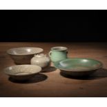 A GROUP OF FIVE CELADON CERAMICS BOWLS AND VESSELS