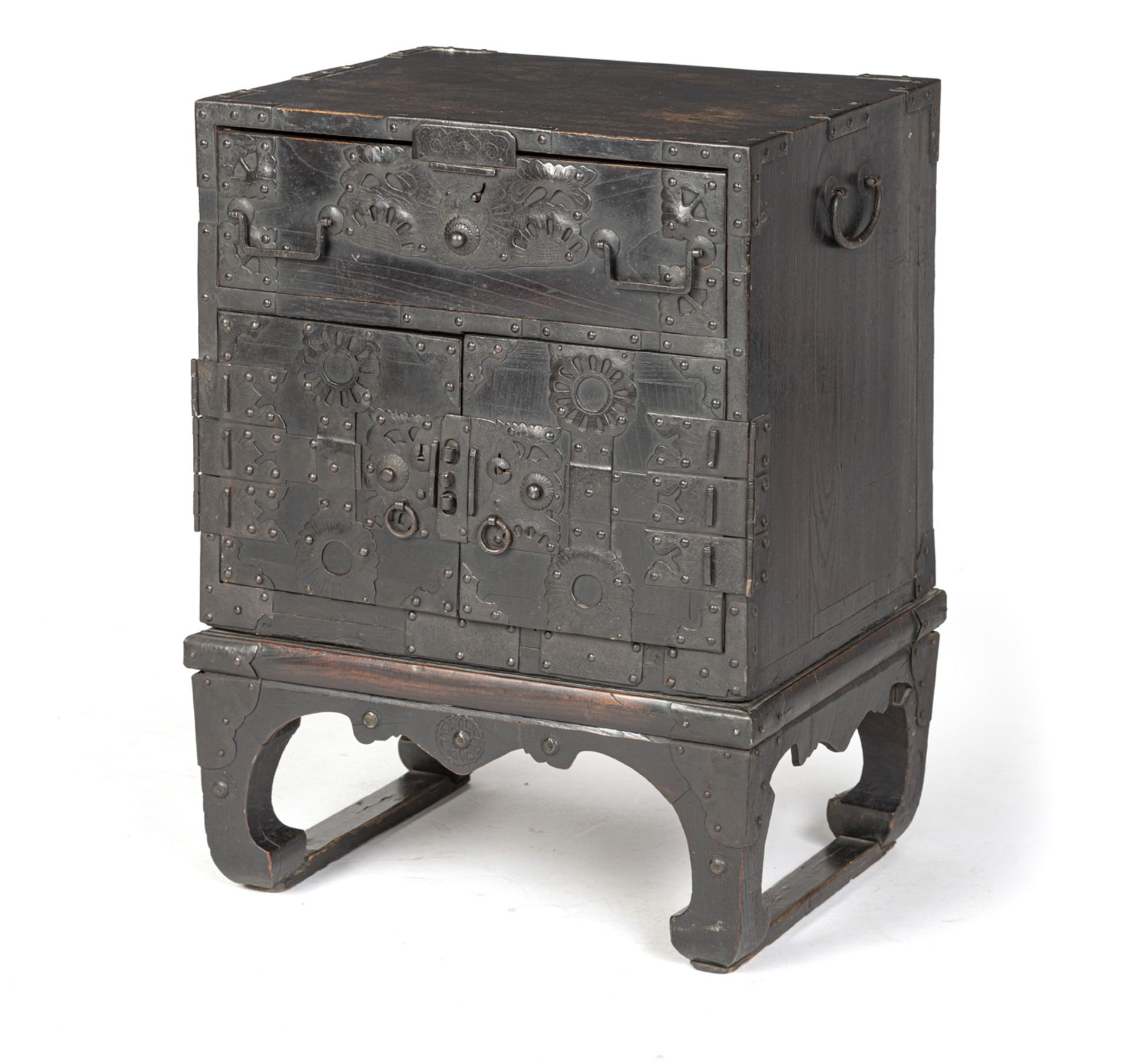 A WOODEN CHEST FOR USE ON A SHIP (FUNA DANSU) WITH IRON FITTINGS ON A STAND