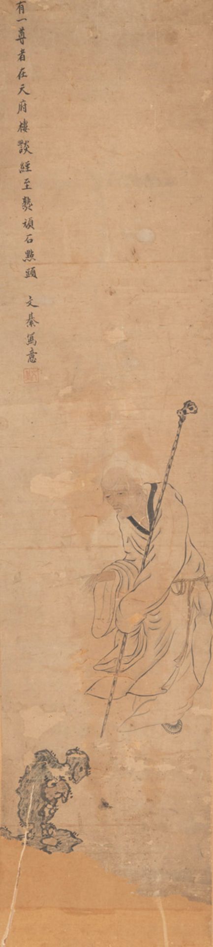 A INK PAPER PAINTING DEPICTING A LUOHAN AND A ROCK, MOUNTED AS A HANGING SCROLL