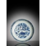 A RARE AND LARGE SWATOW  BLUE AND WHITE  PORCELAIN THREE RAM PLATE