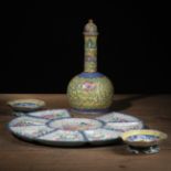 A POLYCHROME FLORAL 'ZISHA'-WARE SWEETMEAT SET, TWO DISHES, AND A LIDDED VASE