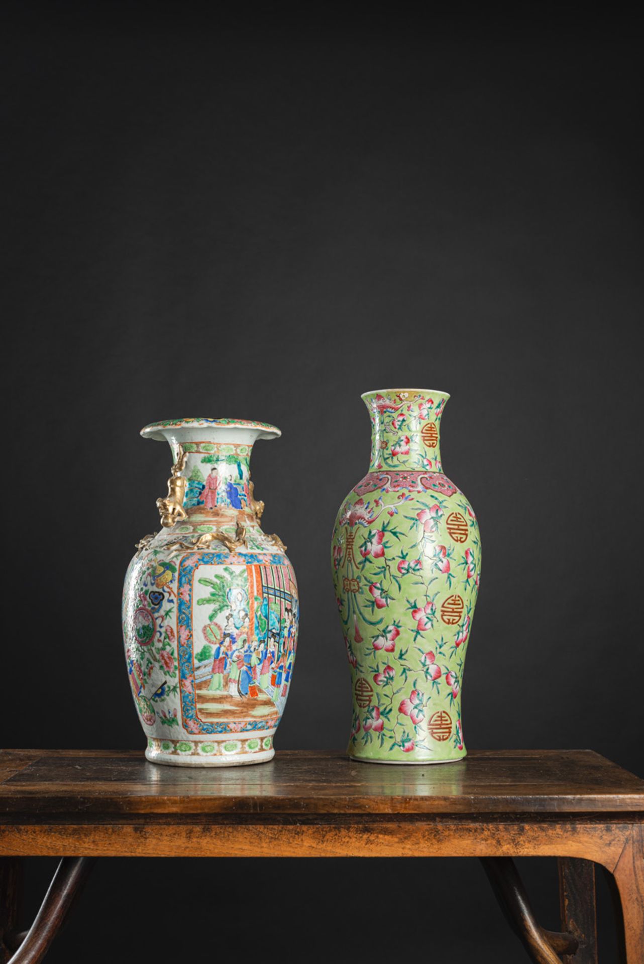 TWO 'FAMILLE ROSE' FIGURAL AND PEACHES PORCELAIN VASES - Image 2 of 5