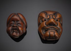 Zwei Masken-Netsuke aus Holz