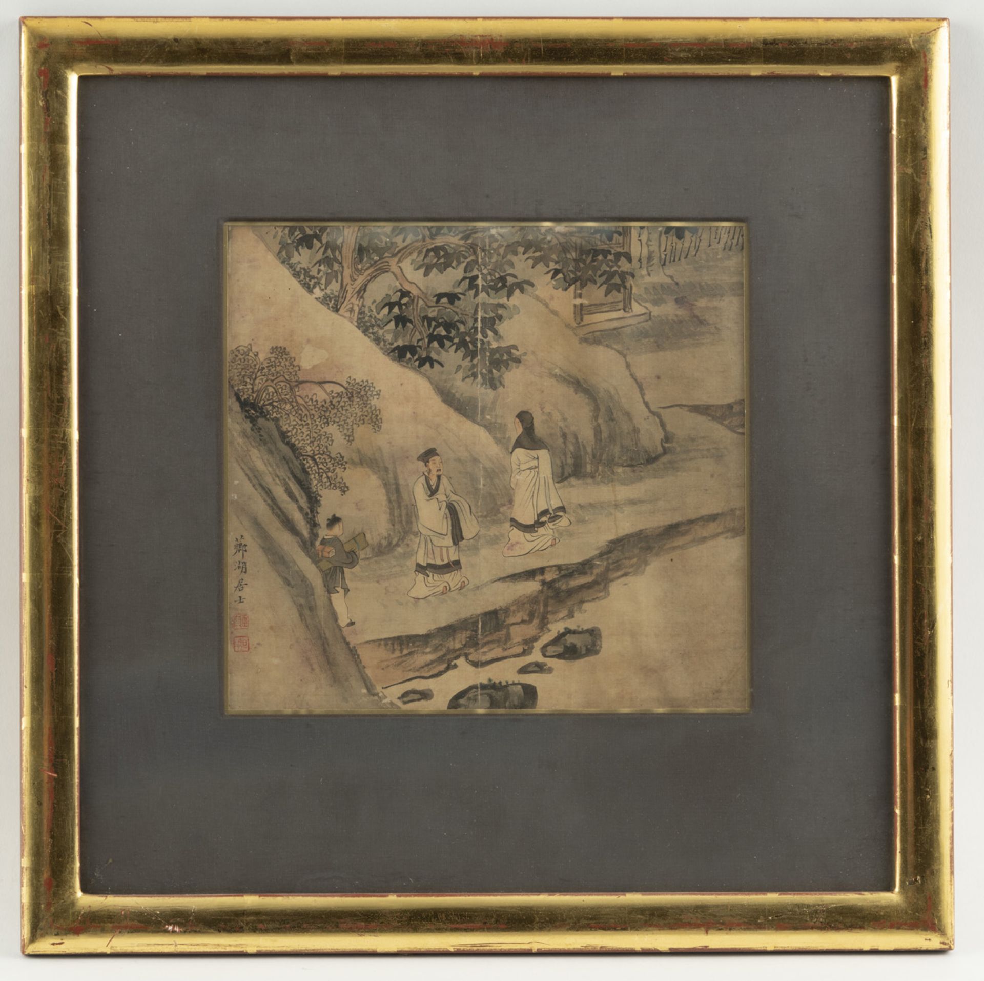 A PAINTING ON SILK DEPICTING TWO SCHOLARS' MEETING AND A SERVANT, MOUNTED AS AN ALBUM LEAF - Image 2 of 3