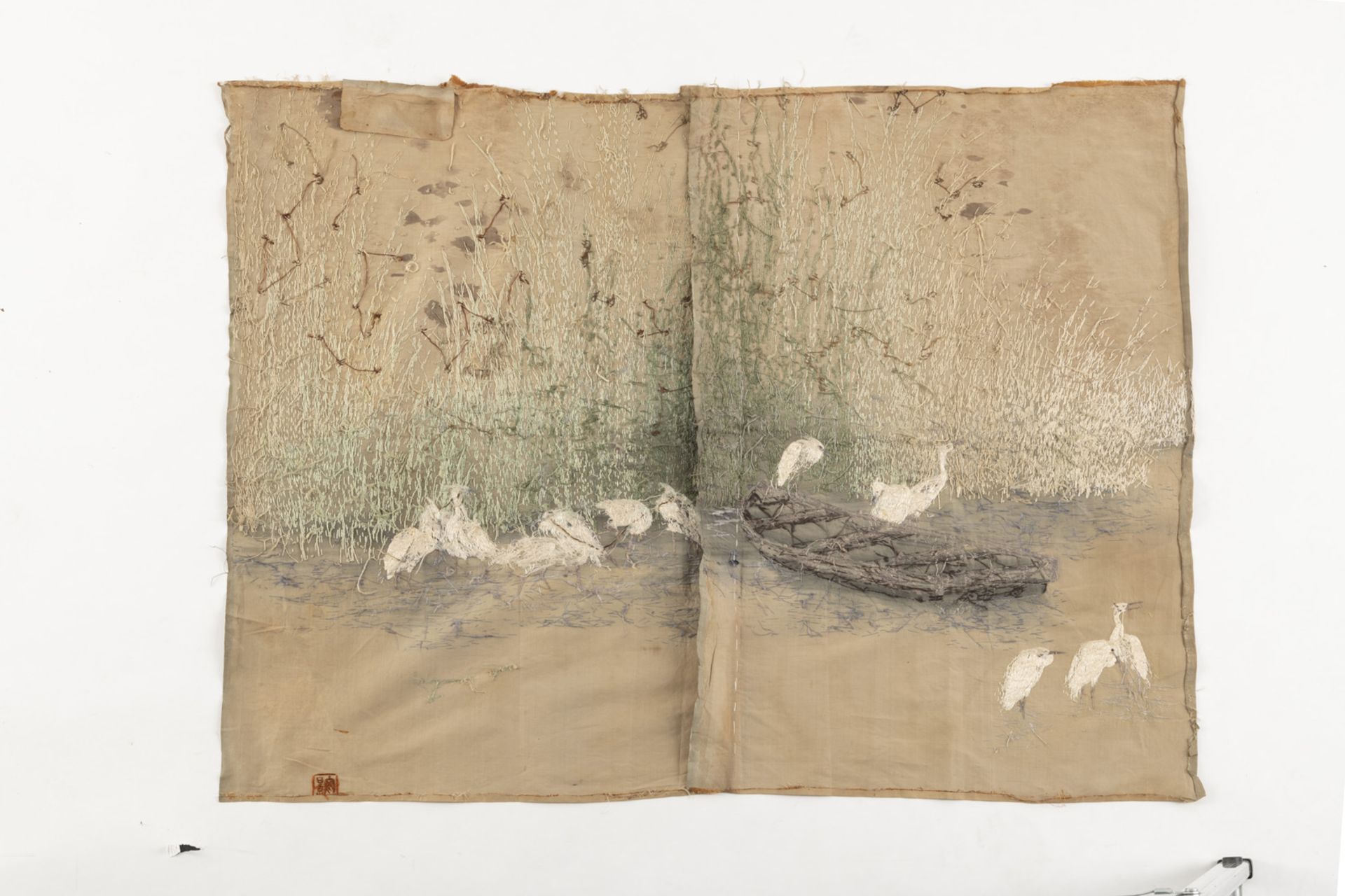 A SILK EMBROIDERY WITH BOAT AND WHITE HERONS - Image 2 of 3