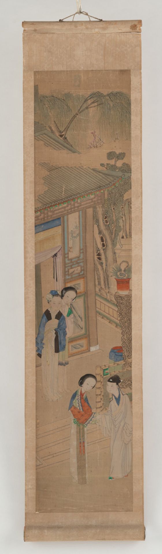 A PAIR OF HANGING SCROLLS WITH NOVEL SCENES AND A HANGING SCROLL DEPICTING THE MEETING OF FIVE SCHO - Image 5 of 5