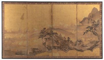 Vierteiliger Stellschirm (Byobu) mit Landschaftsszene eines anonymen Malers