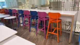 Bench And Multicoloured Bar Chairs