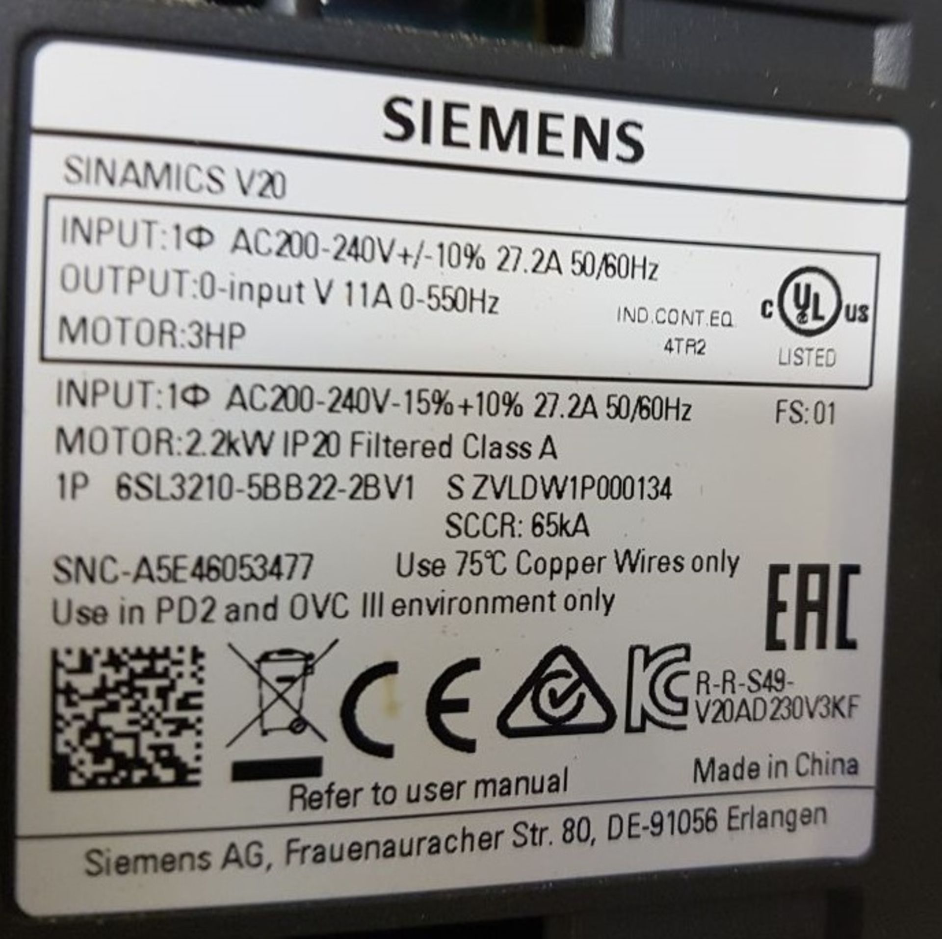 Siemens Sinamics V20 Inverter - Image 2 of 3