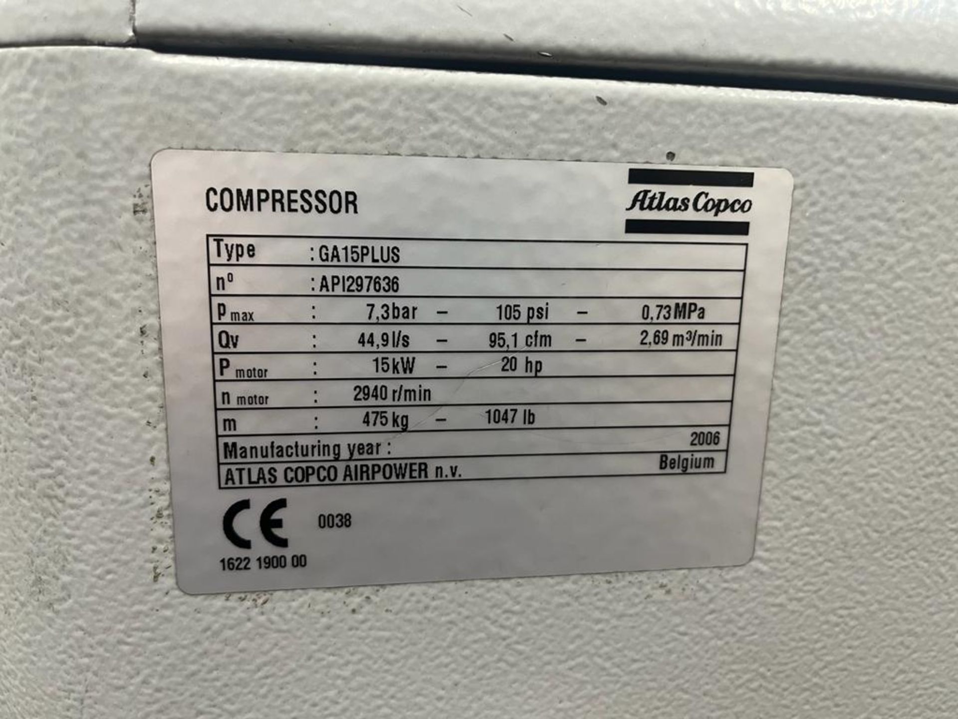 Atlas Copco GA15FF 15kw compressor 7.5 bar - Image 2 of 2