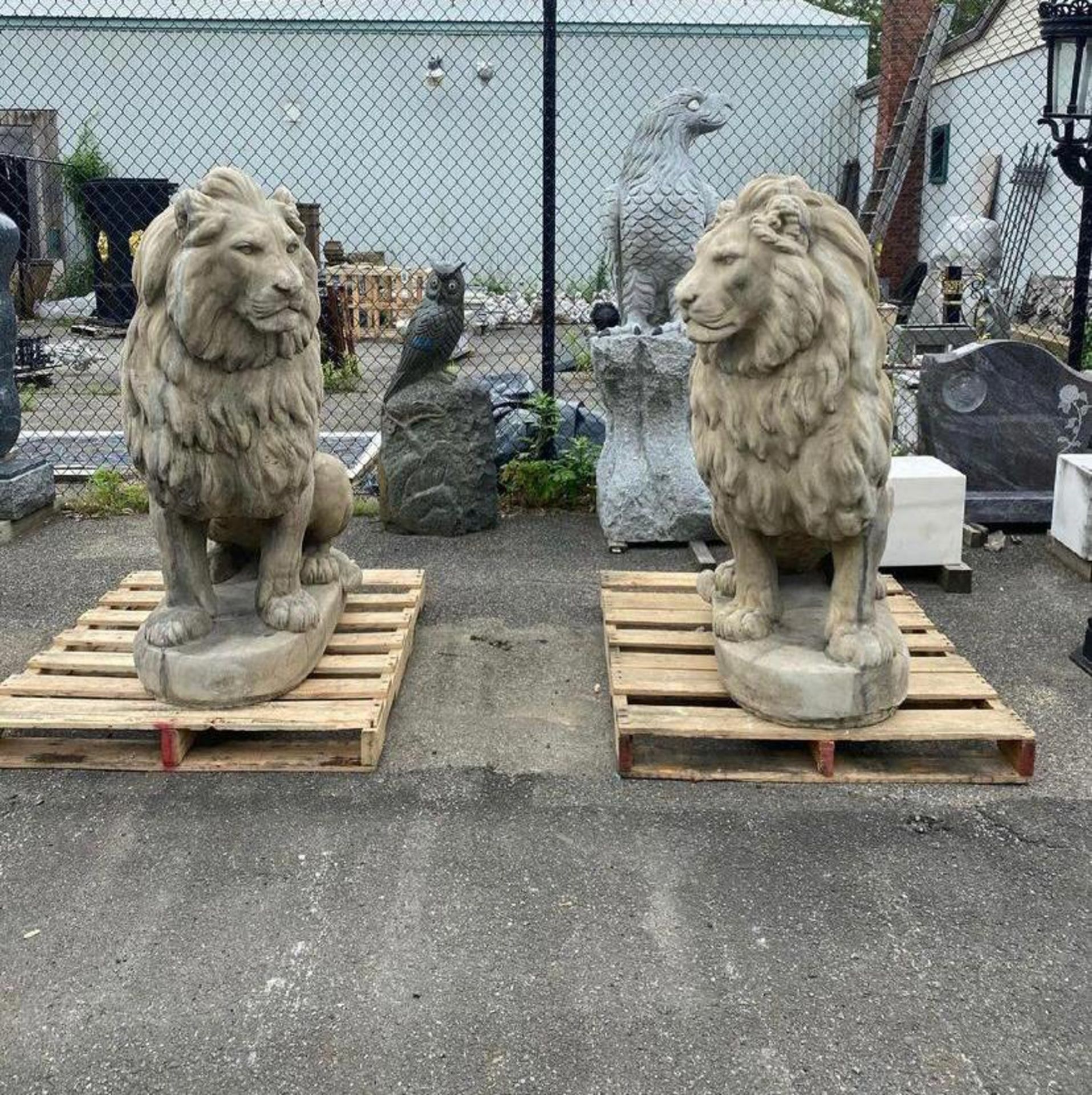 Huge Pair Antiqued Cast Stone Lions