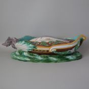 Victorian English Majolica Boat Tureen with Fish Cover