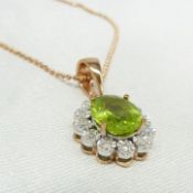 9ct rose gold peridot and diamond cluster pendant and chain, with gift box
