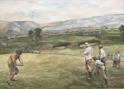 Original signed watercolour by V Greene British artist, Golf interest 10th hole at Gleneagles