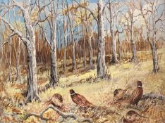 Pheasants in Woodland copse by Reuben Ward Binks 1880-1950.