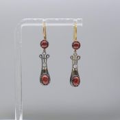 Pair of vintage styled natural cabochon garnet and diamond drop earrings, boxed