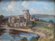 Inchcolm Abbey oil by Scottish artist Agnes M Cowieson (1880-1940)