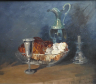 Bread and Pewter oil painting by Helen M Turner bn 1937 PPAI, GSWA Exh R.G.I