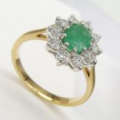 Certificated 18ct yellow and white gold emerald and diamond cluster ring