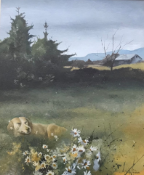 Mike Forbes Scottish Artist Born 1963, signed watercolour 'Dog in a meadow'