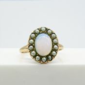 Vintage Victorian-style halo ring set with opalite and seed pearls