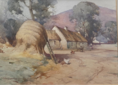 Robert Russell Macnee signed watercolour, 'Haystacks in Farmyard'