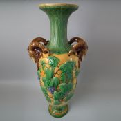 Large Victorian Minton Majolica Vase with Ram head Handles