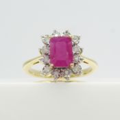 Yellow gold step-cut ruby and diamond cluster dress ring