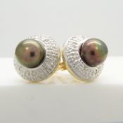 Acorn style black pearl, diamond and yellow gold ear studs with gift box