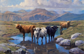 'Highland Cattle' by Scottish artist Peter Munro Born 1954, Exhibited R.S.A