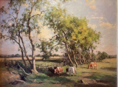 Large, James Alick Riddell RSA (1857 - 1928, Scottish) signed oil painting cattle in Summer pasture