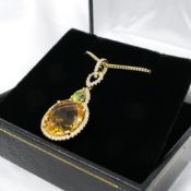Stunning checkerboard-cut citrine, peridot and diamond necklace in 18ct yellow gold