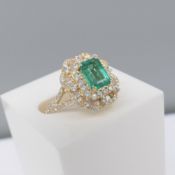 Fancy 14ct yellow gold emerald and diamond dress ring in a regency style