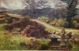Large Signed oil painting depicting boy with his dog fishing in a stream by Chisholm Cole 1871-1902