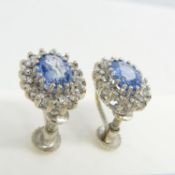 Vintage pair of cornflower blue sapphire and diamond ear studs with screw back clip on fittings